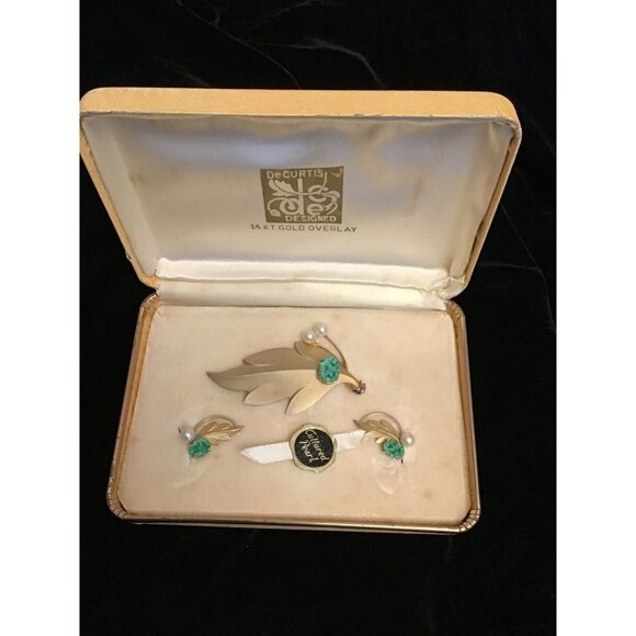 Vintage DeCurtis 14k Gold Overlay Cultured Pearl leaf Brooch and earring set in - Picture 2 of 10